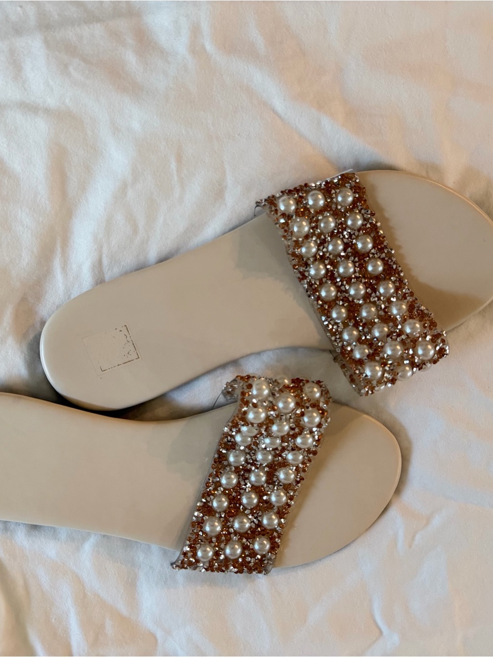 SHEIN Ivory Pearl & Crystal Slide Sandals